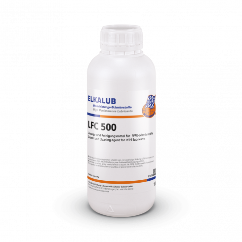ELKALUB LFC 500 PFPE-Reinigungs­öl in einer weißen 1-l-Kunststoffflasche