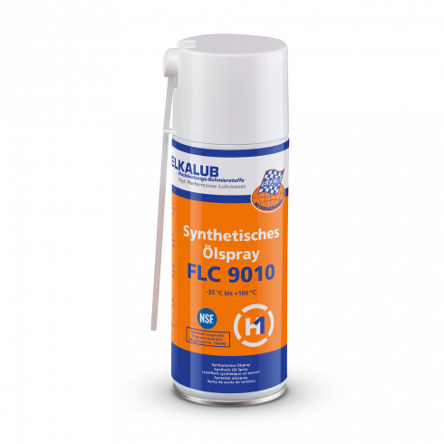 ELKALUB FLC 9010 syn­thet­ic oil spray  in an orange 400 ml spray can. A dosing dyse is attached to the white cap. An NSF and an H1-certified logo are printed on the label.