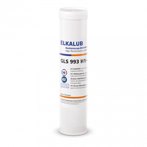 ELKALUB GLS 993 H1 sliding grease in a white 400 g cartridge. An NSF and an H1-certified logo are printed on the label.