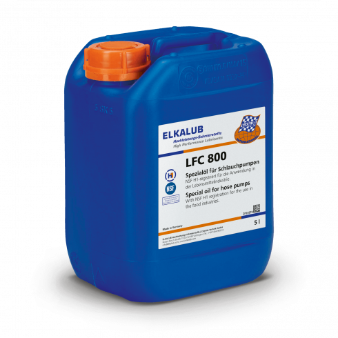 ELKALUB LFC 800 Spezial­öl für Schlauch­pumpen im blauen 5-Liter-Kanister mit weißem Etikett. Auf dem Etikett sind ein NSF- und ein H1-zertifiziert-Logo aufgedruckt.