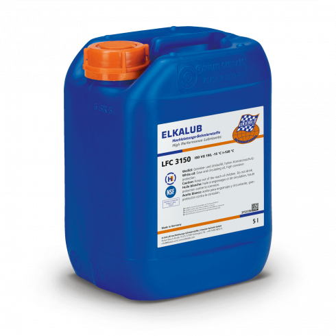 ELKALUB LFC 3150 Weiß­öl im blauen 5-l-Kanister. Auf dem Etikett sind ein NSF- und ein H1-zertifiziert-Logo aufgedruckt.