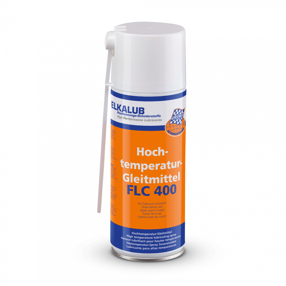 ELKALUB FLC 400 Hoch­temperatur-Öl­spray in einer orangen 400-ml-Spraydose. Am weißen Deckel ist eine Dosierkanyle befestigt.