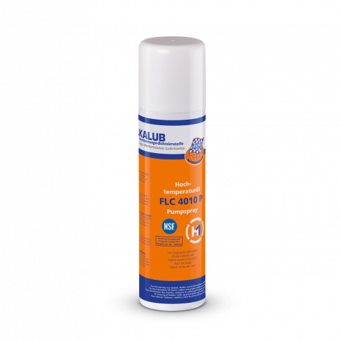 ELKALUB FLC 4010 P Hoch­tem­pe­ra­tur-Ölspray  in einer orangen 300-ml-Pumpspraydose mit weißem Deckel. Auf dem Etikett sind ein NSF- und ein H1-zertifiziert-Logo aufgedruckt.
