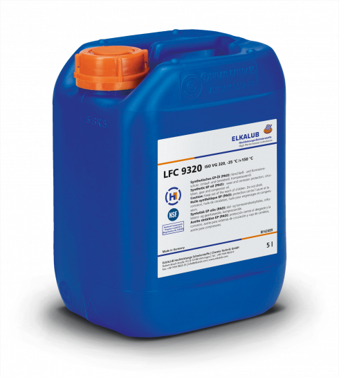 ELKALUB LFC 9320 Poly-alpha-olefin oil in a blue 5-liter canister. An NSF and an H1-certified logo are printed on the label.