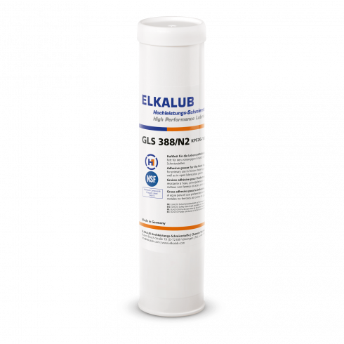 ELKALUB GLS 388/N2 Adhesive grease for the food industry in a white 400 g cartridge. An NSF and an H1-certified logo are printed on the label.
