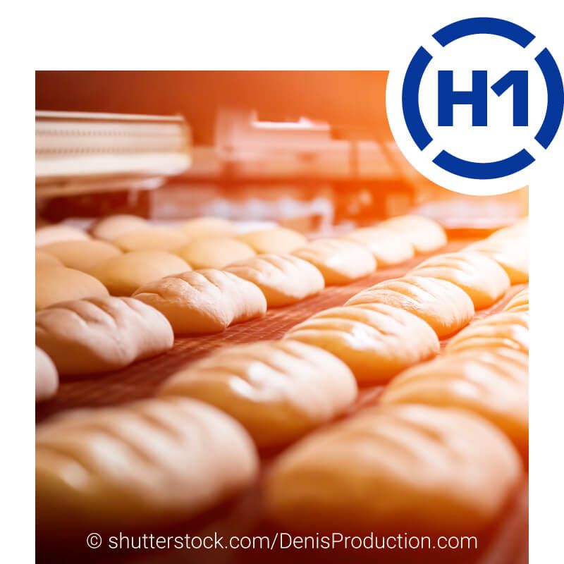 Brotrohlinge liegen in Reihe auf dem Förderband eines Produktionsofens in der Bäckerei.