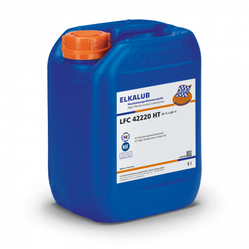 ELKALUB LFC 42220 HT Hoch­tem­pera­tur­ketten­öl im blauen 5-l-Kanister. Auf dem Etikett sind ein NSF- und ein H1-zertifiziert-Logo aufgedruckt.