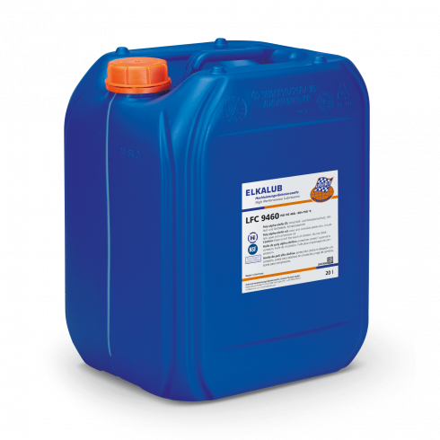ELKALUB LFC 9460 Poly-alpha-olefin Öl im blauen 20-l-Kanister. Auf dem Etikett sind ein NSF- und ein H1-zertifiziert-Logo aufgedruckt.
