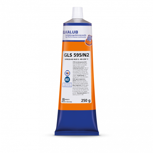 ELKALUB GLS 595/N2 in einer 250-g-Tube mit orange-blauem Aufdruck und weißem Etikett. Auf dem Etikett sind ein NSF- und ein H1-zertifiziert-Logo aufgedruckt.