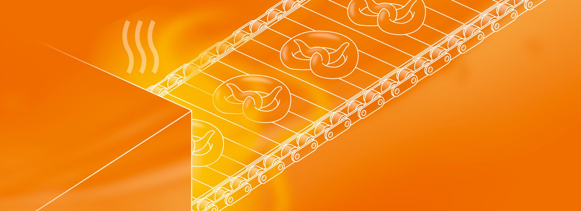 Illustration: A conveyor belt with pretzel blanks enters an oven. The blanks, conveyor belt and oven are shown as a white line drawing on a colored background.