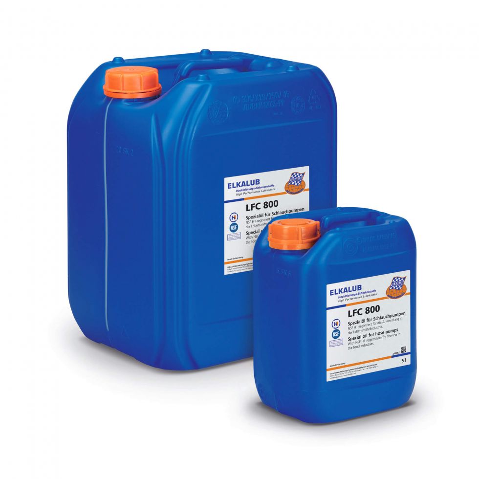 A large 20-liter canister and a small 5-liter ELKALUB LFC 80 canister stand in front of each other. Both are blue and have an orange cap.