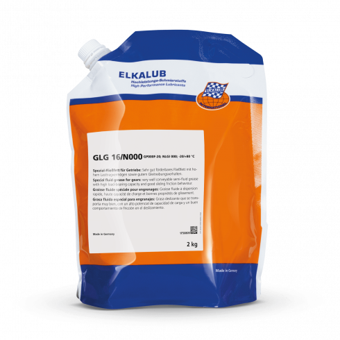 ELKALUB GLG 16/N000 Spezial-Fließ­fett für Getriebe im 2-kg-Schlauchbeutel mit orange-blauem Aufdruck und weißem Etikett.