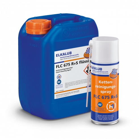 ELKALUB FLC 675 R+S chain cleaning spray. In the foreground is an orange 400 ml spray can with a dosing dyse on the cap. Behind it is a blue 5-liter canister of FLC 675 R+S. The NSF and H1-certified logos are printed on both labels.