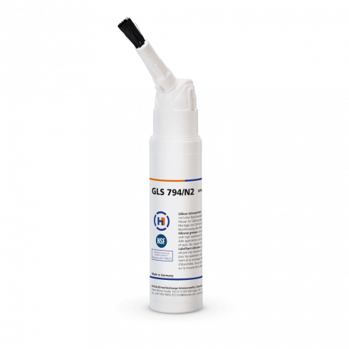 ELKALUB GLS 794/N2 Silikonfett in einer weißen 200-ml-Pinseldose mit Borstenaufsatz. Auf dem Etikett sind ein NSF- und ein H1-zertifiziert-Logo aufgedruckt.