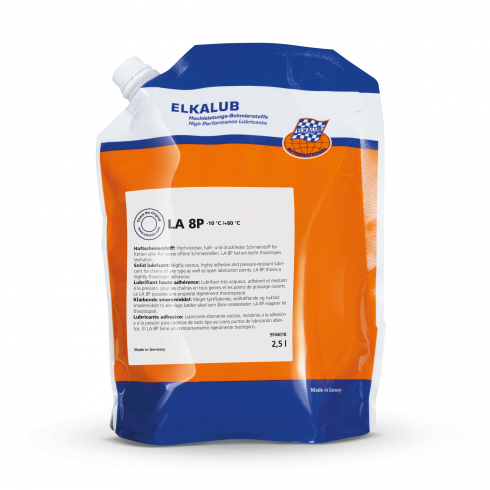 ELKALUB LA 8P Chain and adhesive lubricant in a 2.5 l tube bag with orange-blue print