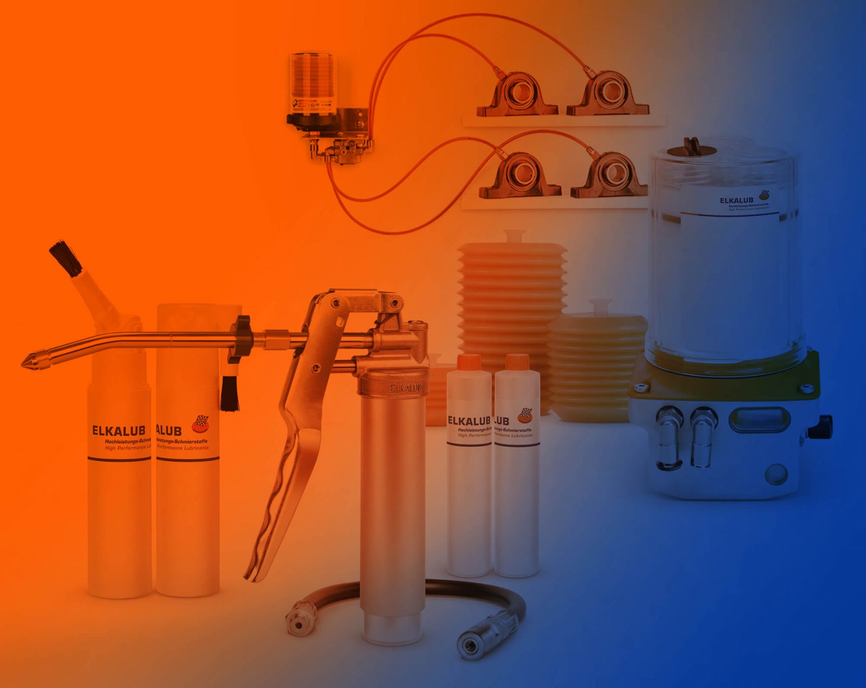 A selection of ELKALUB containers for lubricants. In the foreground is an MCP 100 one handed grease gun with two cartridges and interchangeable hose. Behind it on the left are brush cans. Automatic lubricant dispensers and cartridges are shown in the back