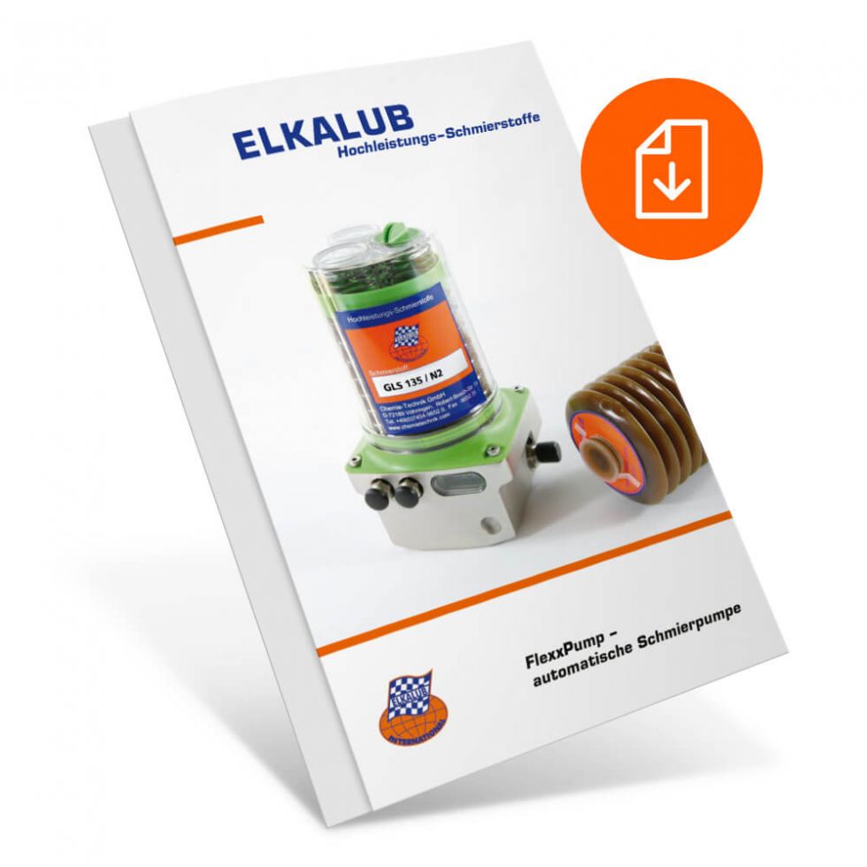 Titelblatt der Produktbroschüre „FexxPump – automatische Schmierpumpe“ und ein Download-Symbol. Auf dem Titel sind eine FlexxPump und eine Schmiermittelkartusche abgebildet. Das ELKALUB-Logo und der Titel sind ebenfalls abgebildet.
