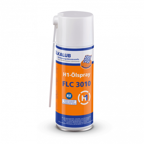 ELKALUB FLC 3010 H1-Ölspray in einer orangen 400-ml-Spraydose. Am weißen Deckel ist eine Dosierkanyle befestigt. Auf dem Etikett sind ein NSF- und ein H1-zertifiziert-Logo aufgedruckt.