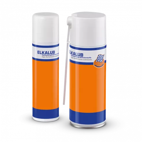 Two ELKALUB spray cans. On the left is a 300 ml can, on the right a 400 ml can with a dosing dyse.