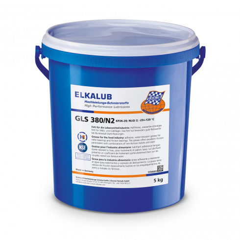 ELKALUB GLS 380/N2 Grease for the food industry in a blue 5 kg bucket. An NSF and an H1-certified logo are printed on the label.
