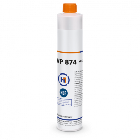ELKALUB VP 874 grease for linear guides in a white 100 g cartridge with orange cap. An NSF and an H1-certified logo are printed on the label.
